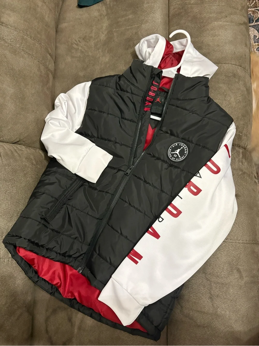 Jordan Black Quilted Vest with White Sleeves & Red Accents